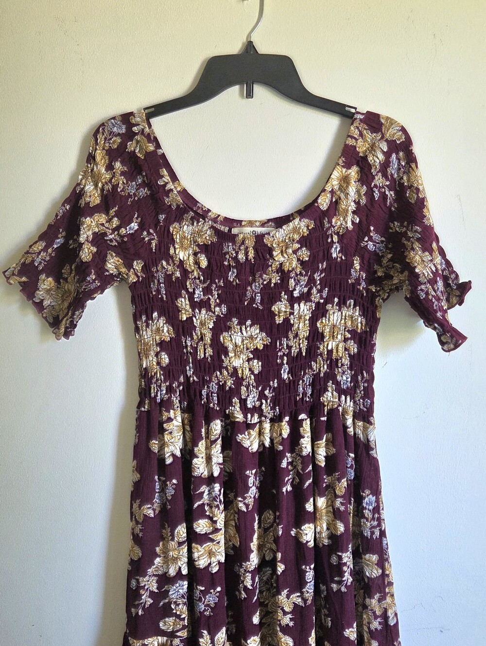 Natural Life Daisey Smocked Dark Magenta & Tan Floral Maxi Dress L/XL